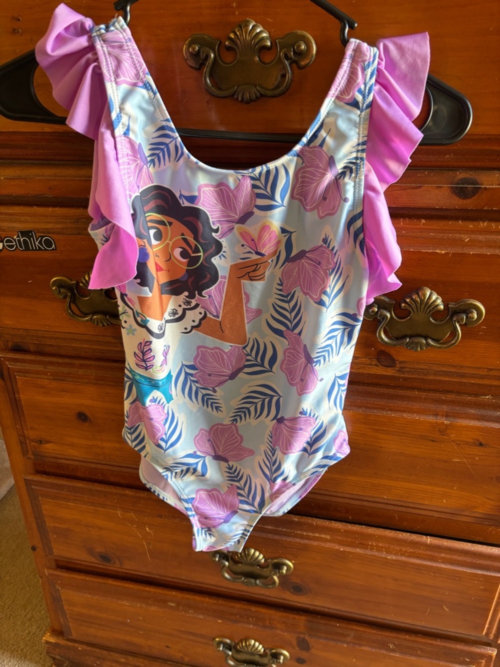 Disney Girls One-Piece Swimsuit in Light Blue and Pink with Character Print